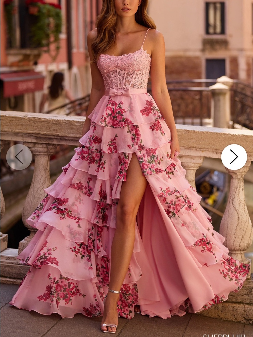 Sherri Hill 57568 Pink Floral High-Low Ruffled Evening Gown
